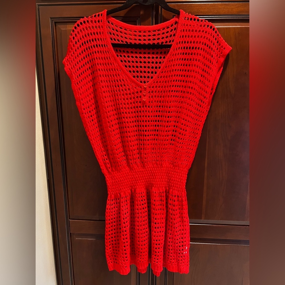 Red/Orange Crochet Knit Swim Suit Cover-up Dress - One Size